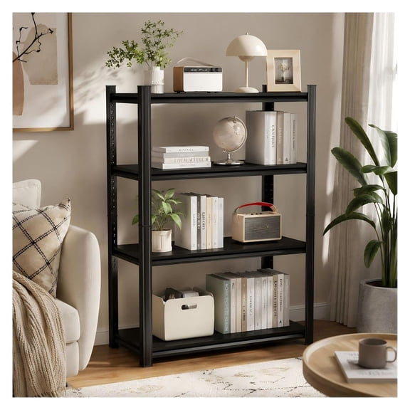 Metal Storage Shelving Unit 4-Tier, Adjustable Garage Shelves Heavy Duty - Basement, Warehouse Organization Rack for Tools, Supplies, Equipment - Black