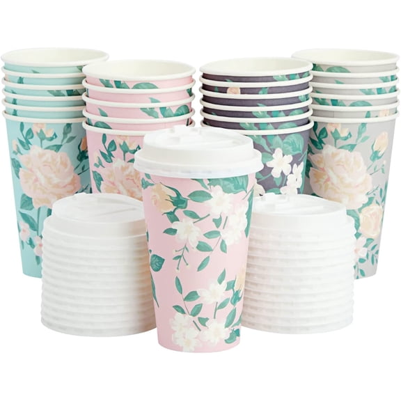 Floral Paper Coffee Cups with Lids - Disposable Eco-Friendly Paper Cups with Lids for Travel - Party & Bridal Shower Coffee Supplies - 24 Count, 16 Oz, Pastel Assorted