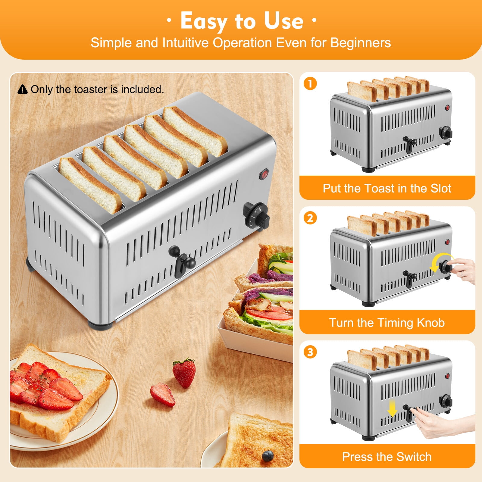 Slice Toaster, 6 Slices Commercial Toaster Stainless Steel Bread Baking Machine with Timing Function & Drawer-type Crumb Tray, for Home Restaurant Bakery, Silver