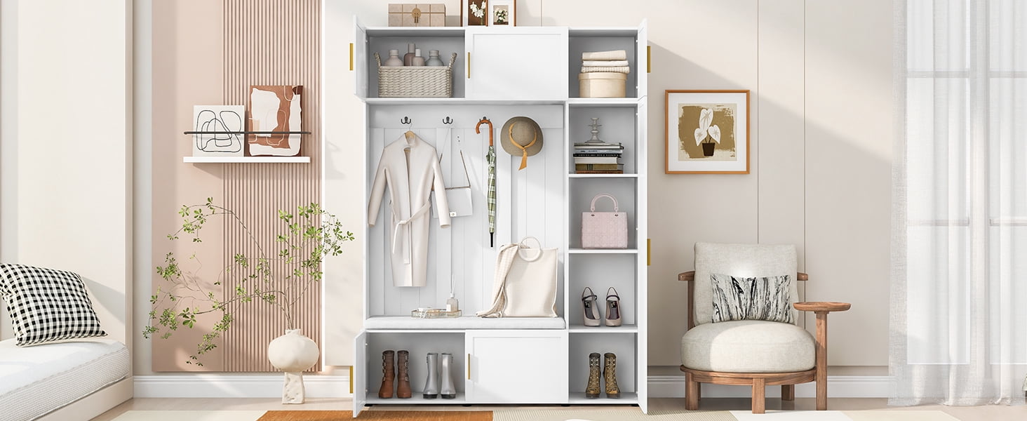 Mintazer All‑in‑One Hall Tree with Cushioned Shoe Bench & Hooks, Entryway Storage Organizer with Cabinets & Open Shelves for Mudroom Hallway, White