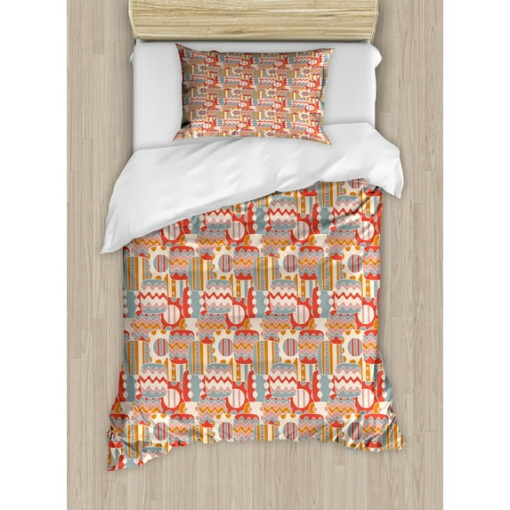 Abstract Duvet Cover Set Twin Size, Continuous Waves Tides Circled Edges Squares Ornaments Motifs Illustration, Decorative 2 Piece Bedding Set with 1 Pillow Sham, Multicolor, by Ambesonne