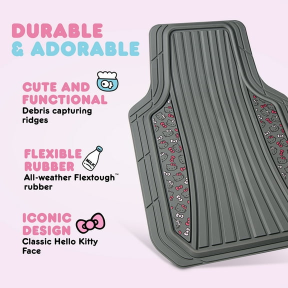 Hello Kitty 4pc Car Mats for Cars, Trucks, SUVs - Kawaii Rubber Floor Mats for Women & Men, Heavy Duty Non-Slip Front & Rear Mats, Cute Hello Kitty Accessories, Classic Gray with Pink Bows