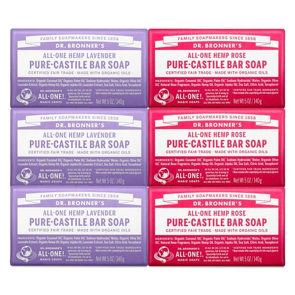 Dr. Bronner's - Savon en Barre Pur-Castille, Rose 5 Onces (3) et Lavande 5 Onces (3) - Fabriqué avec des Huiles Biologiques, pour Visage, Corps et Cheveux, Doux et Hydratant, Biodégradable, Vegan