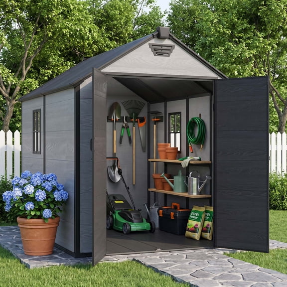 PABIMIA 6 x 8 ft Resin Outdoor Storage Shed with Lockable Double Doors, Sloped Roof and Air Vents