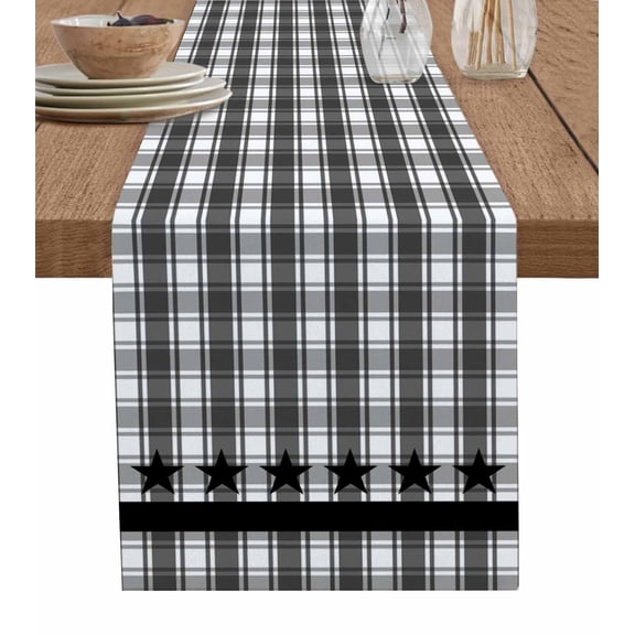 Gray Black Plaid Table Runner 48 Inches, Vintage Star Greyish Buffalo Lattice Bed Runner Dresser Scarves Tabletop for Indoor Outdoor Parties/Ceremony/Banquet, 13" x 48"