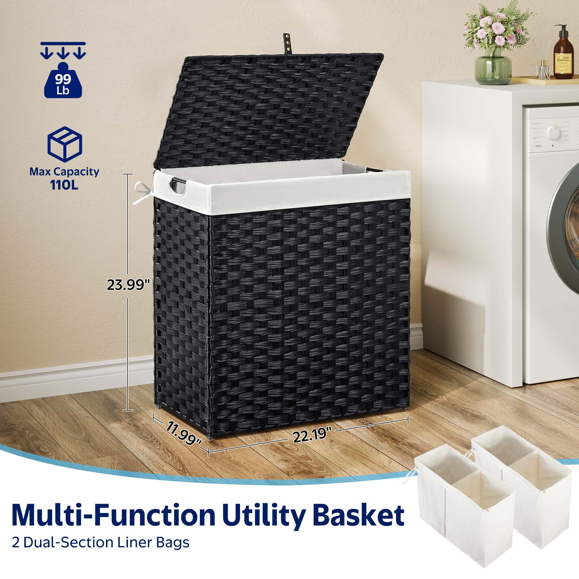 Rolanstar 110L Laundry Hamper Wicker Laundry Basket with Lid, Handles Clothes Hamper Foldable with 2 Removable Liner Bags, Black
