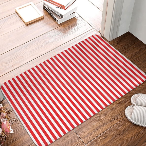 Front Door Mat Indoor Outdoor Outside Entrance - 16*24in Washable Red And White Stripes Thin Bathroom Rugs Fit Under Door, Bath Rugs for Bathroom, Kitchen Rugs Mats for Floor