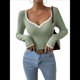 thumbnail image 1 of Camiseta de Larga con Escote Corazón para Mujer, de Punto Acanalado y Ribete en Contraste. Verde M, 1 of 8