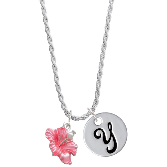 Delight Jewelry Silvertone Hot Pink Hibiscus Flower Silvertone Script Initial Disc - Y - Charm Necklace, 20"+3"