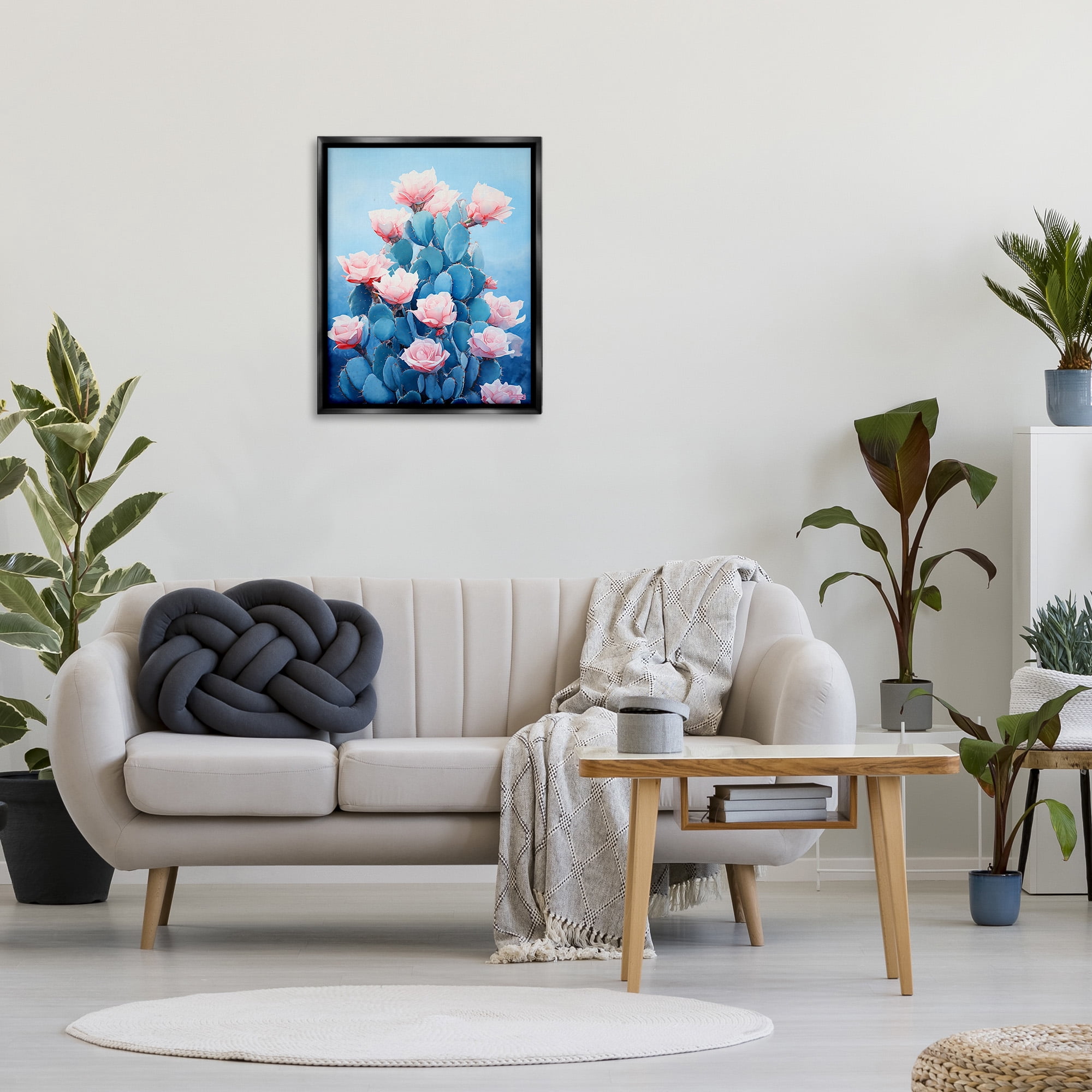 Stupell Industries Cactus & Rose Blossoms Botanical & Floral Painting Black Floater Framed Canvas Art Print Wall Art, 25 x 31