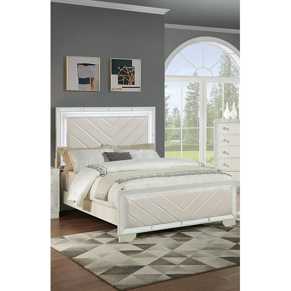 Cream Faux Leather 1pc King Size Bed W LED Upholstered Headboard Footboard Master Bedroom Furniture
