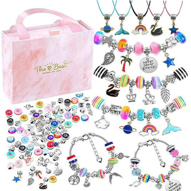 HANRU Charm Bracelet Making Kit for Girls, Kids' Jewelry Making Kits Jewelry Making Charms Bracelet Making Set with Bracelet Beads, Jewelry Charms and DIY Crafts with Gift Box（93PCS）