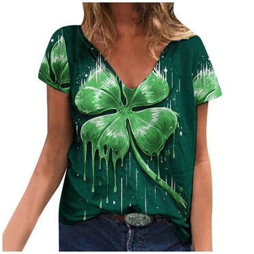 AherBiu T-Shirts de la Saint-Patrick pour Femmes Manches Courtes Col en V Imprimé Trèfle Grande Taille