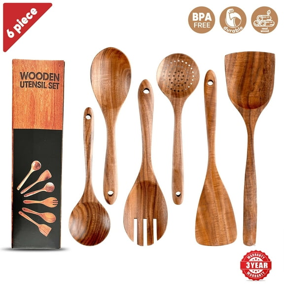 Kitchen Spatula Set, Wooden Spoon Set, Utensil Set, Wood Spoon Set, Cooking Accessories Gadgets, Spatula, Fork, Teak Wood Utensil, Non Stick, Organic, Dish Washable (6 Pack)
