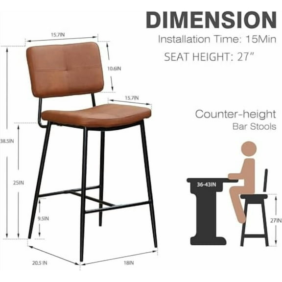 Bar Stools Set of 2-27" Modern Counter Height Barstool with Back, PU Faux Leather Metal Legs Upholstered Armless Stool, Pub Chairs for Home Kitchen, Dining Room, Coffee House ()