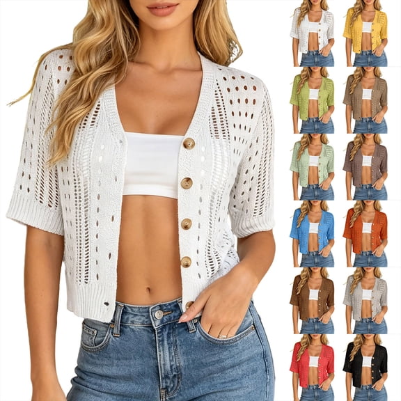 Lixiuxyad ‌Women's Crochet Shrug Cardigan Short Sleeve Open-Front Lace Button Down Knit Cardigan,Black