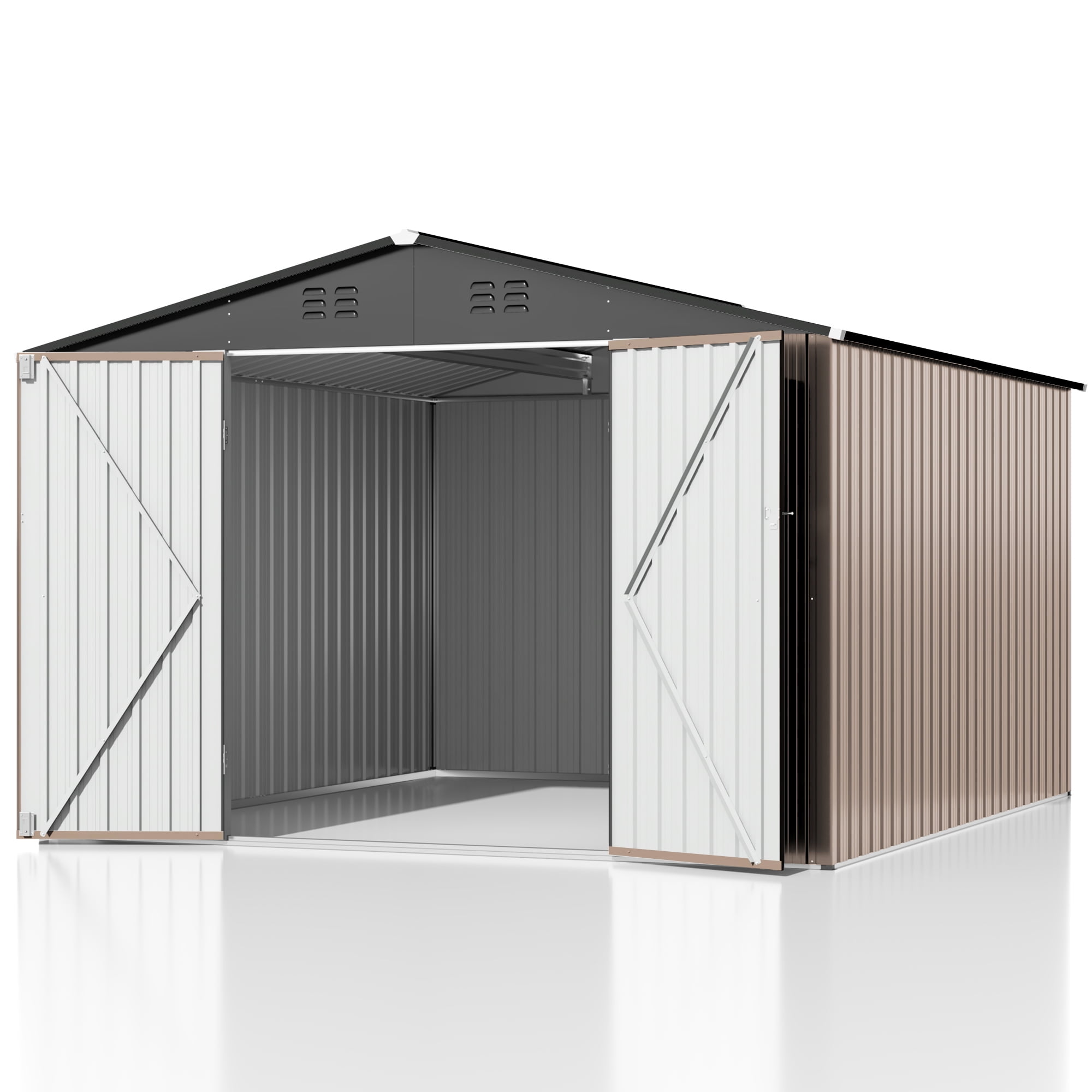 NETAJE 10'x10' Outdoor Metal Storage Shed with Updated Frame Structure and Lockable Doors for Backyard, Garden, Patio, Lawn, Brown