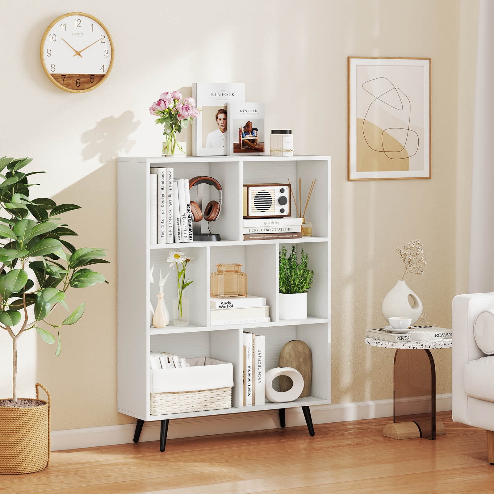 Costway 7 Cube Bookcase 3-Tier Modern Storage Organizer with 4 Metal Legs Bookshelves