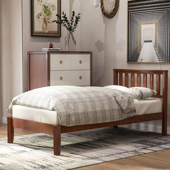 Veryke Solid Wood Platform Beds with Headboard and Wood Slat Support, Classic Bed Frame - Twin - Walnut