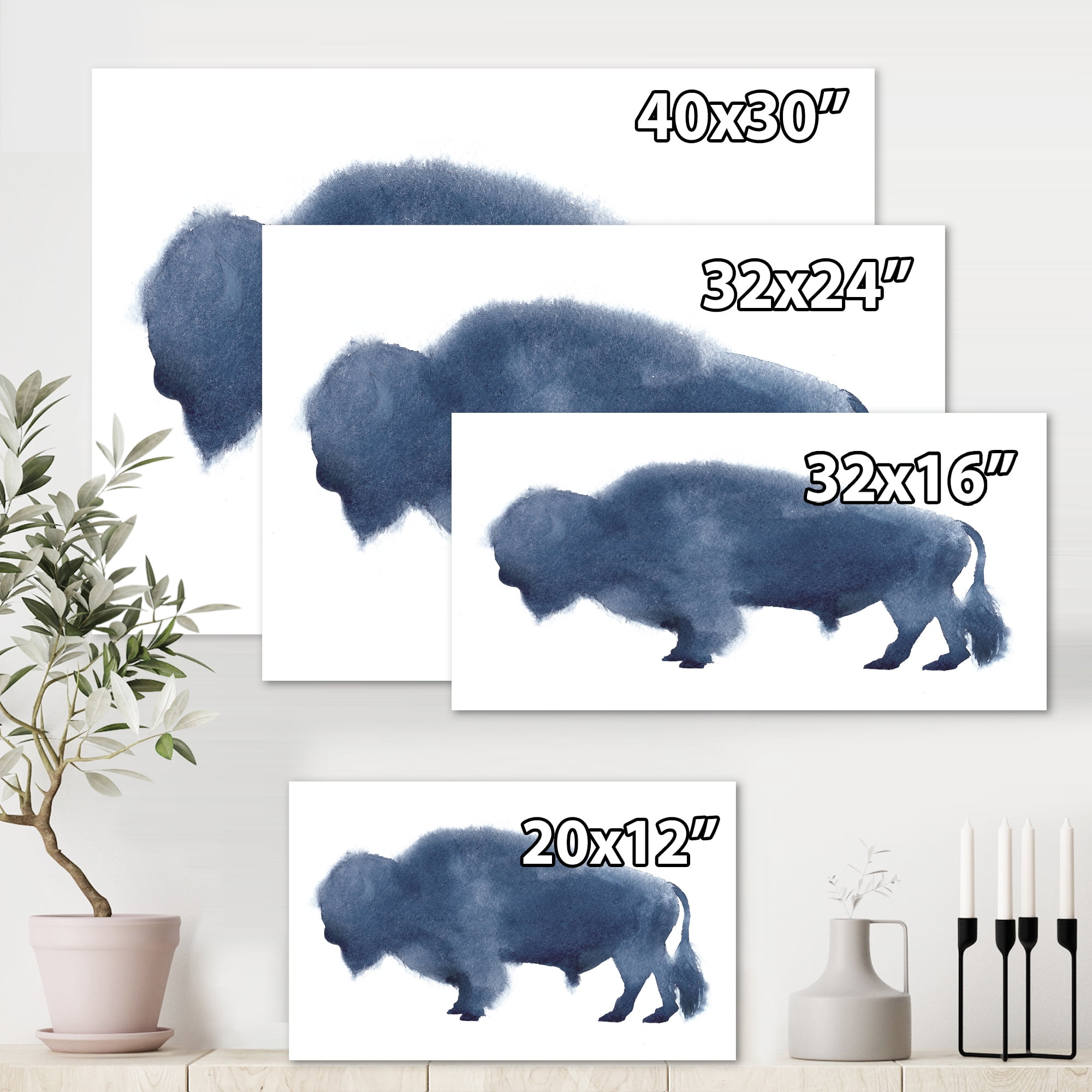 Designart ' Navy Blue Bison Silhouette On White ' Farmhouse Canvas Wall Art Print
