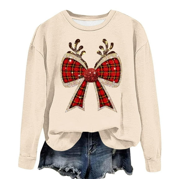 Womens Christmas Coquette Bow Sweatshirt Casual Crew Neck Long Sleeve Pullover Tops Oversized Graphic Sweatshirt (Beige L)