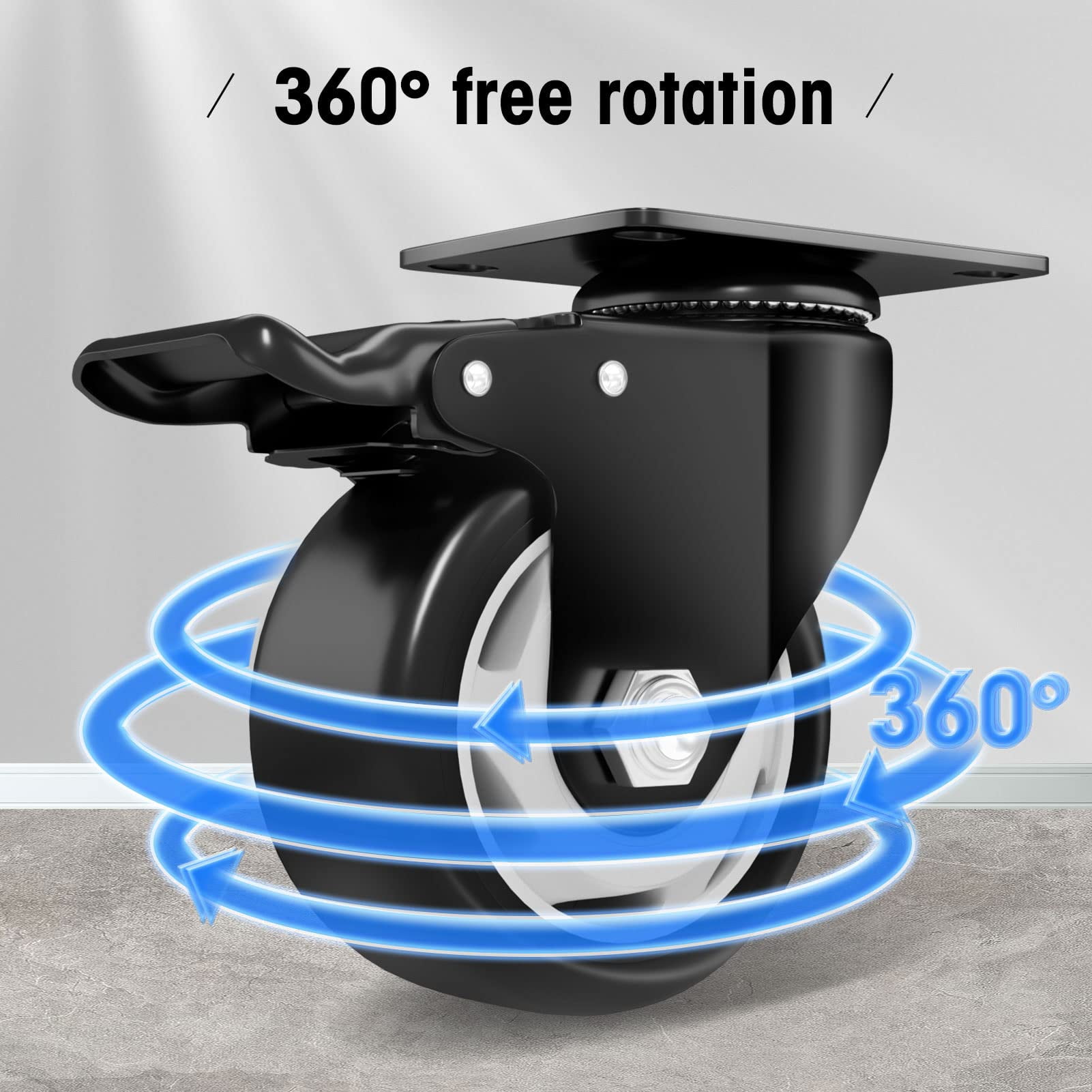 Caster Wheels - 3 Inch Casters Set of 4 Heavy Duty - ASHGOOB Black Polyurethane Castors, Top Plate Swivel Wheels, 4-Pack Industrial Casters with Brake, Locking Casters for Furniture and Workbench