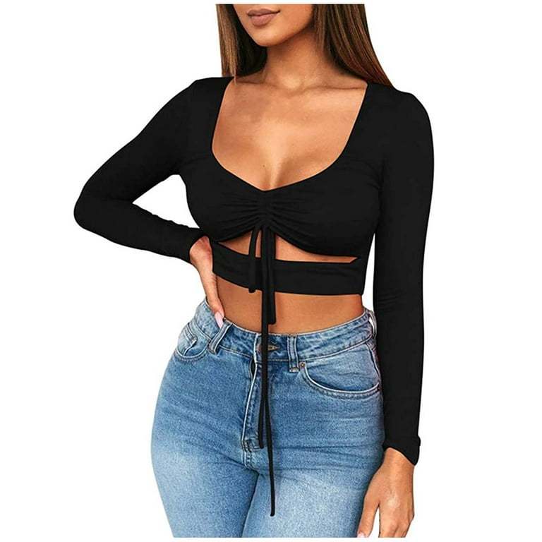 Tops for Women 2022 Women Low-cut Sexy Slim Ruched Tie Up Cut Out Basic Long Sleeve T Shirt V-Neck Tops T-Shirt Blouse V Neck Tie Dye T Shirts Solid