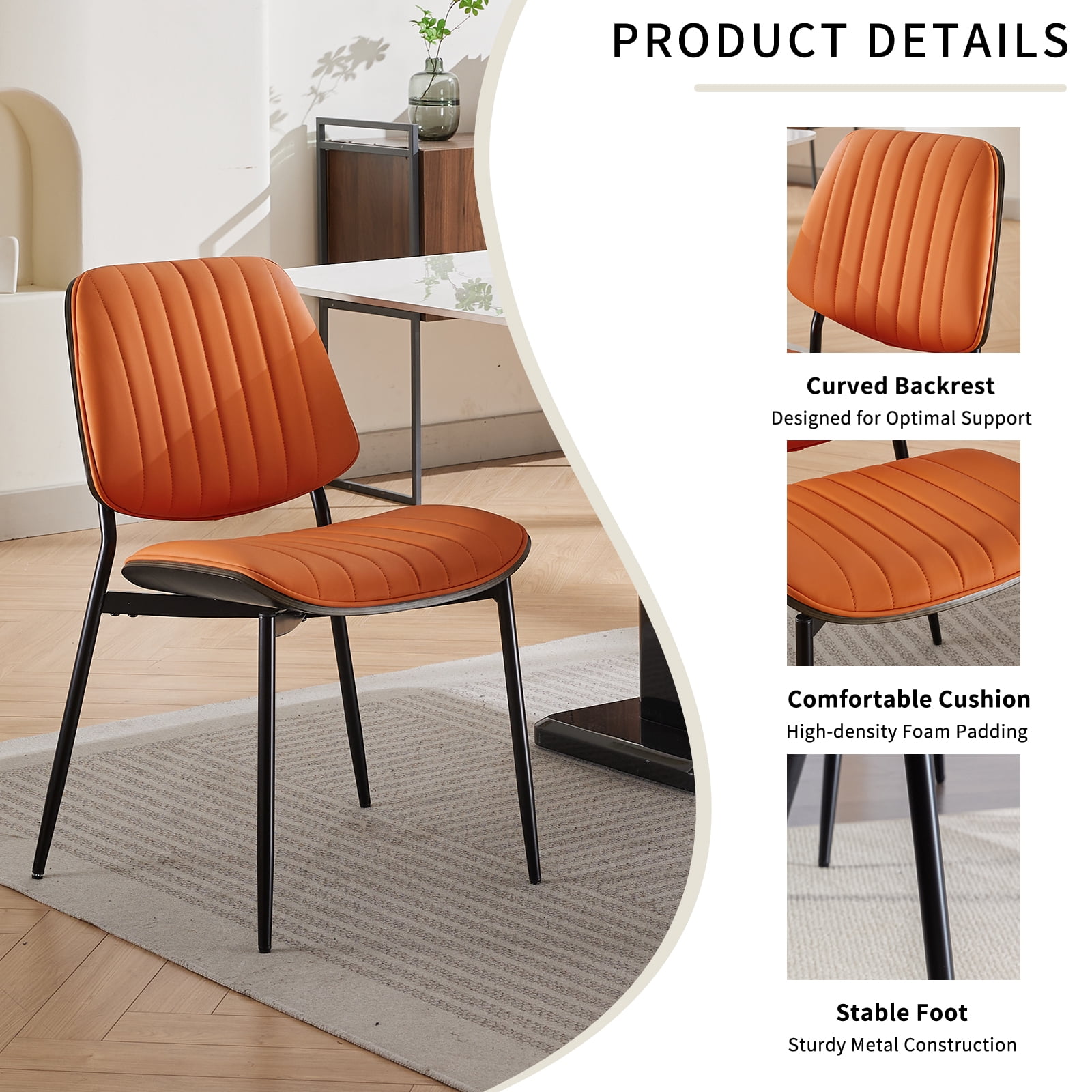 Mid Century Modern Dining Chairs Set of 6, Orange Kitchen & Dining Room Chairs Set of 6, Upholstered PU Leather Kitchen Chairs for Dining Table, Sillas de Comedor, Metal Legs, Walnut Back (Orange)