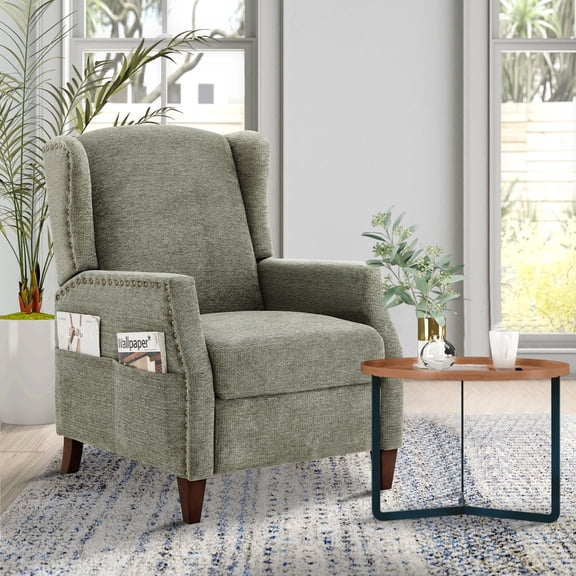 AFO Push-Back Recliner with Side Pockets, Solid Wood Ergonomic Armchair for Living Room and Bedroom, Green, Set of 1