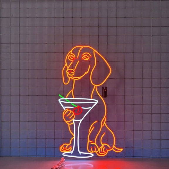 Craftnamesign Dachshund Cocktail Neon Sign, Cocktail Dachshund Dog Led Light, Cocktail Bar Decor