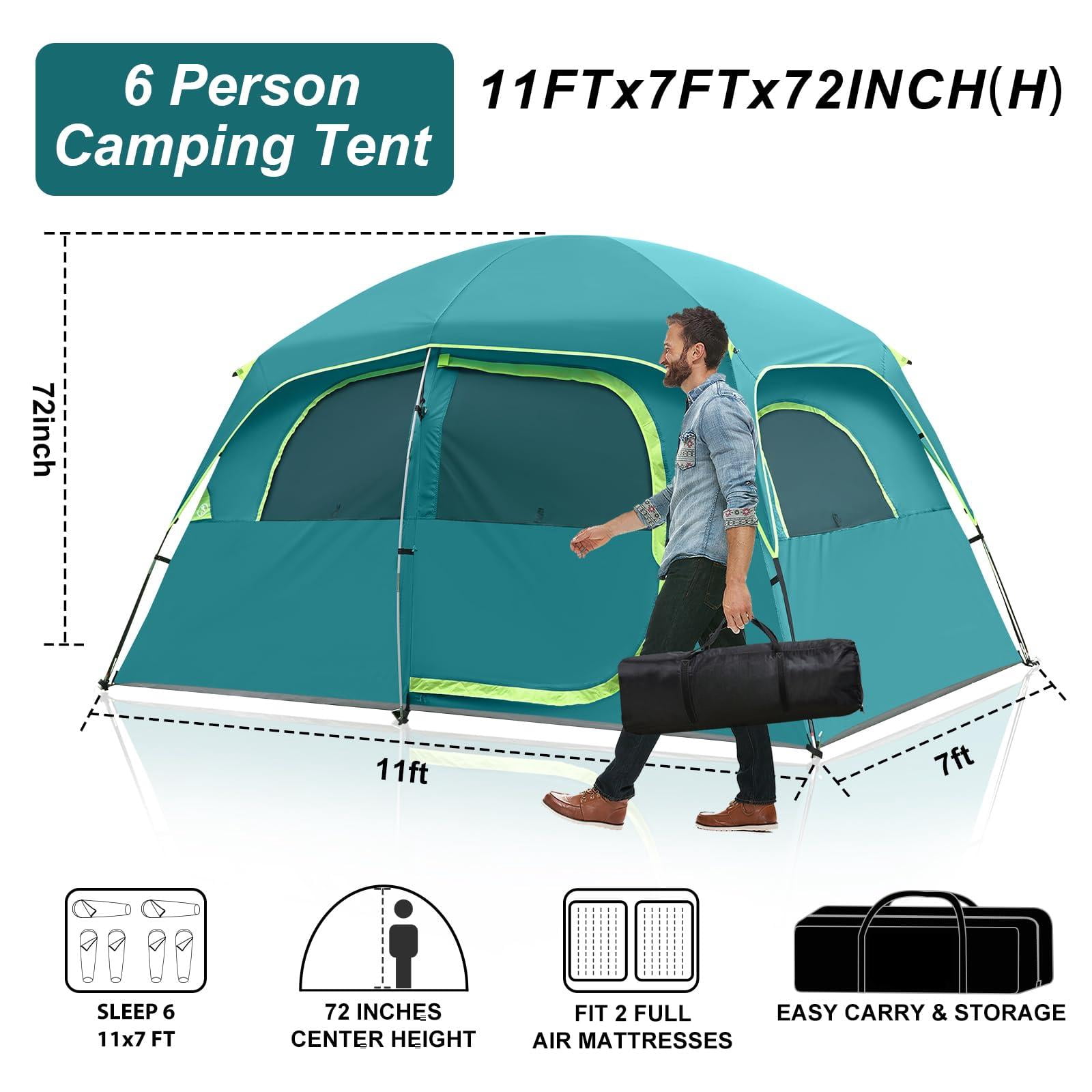 Upgraded 6/8 Person Camping Tents  Waterproof Windproof Family Tent With Larger Mesh Windows & Door Double Layer Easy Set Up All-season Dome Top Rainfly Carry Bag