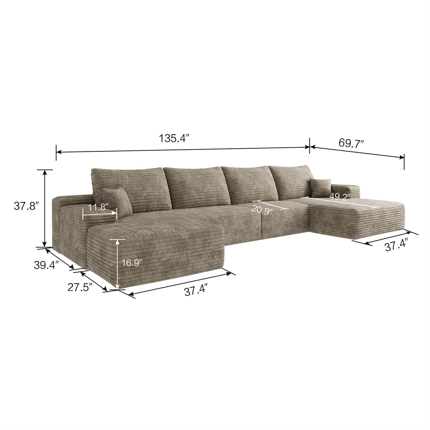 Demi Bonn 135" Cloud Sectional Sofa with Ottoman, Left Facing Chaise, Modern Minimalist U-Shaped Deep Seat Corner Couch, No Assembly Required, Beige