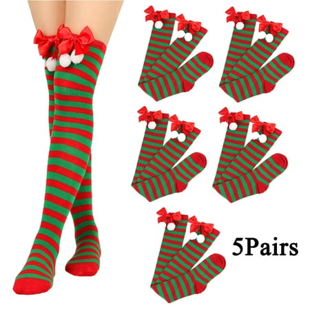 

5pairs Christmas Stockings Girls Over Knee Long Striped Socks Women s Stripes Solid