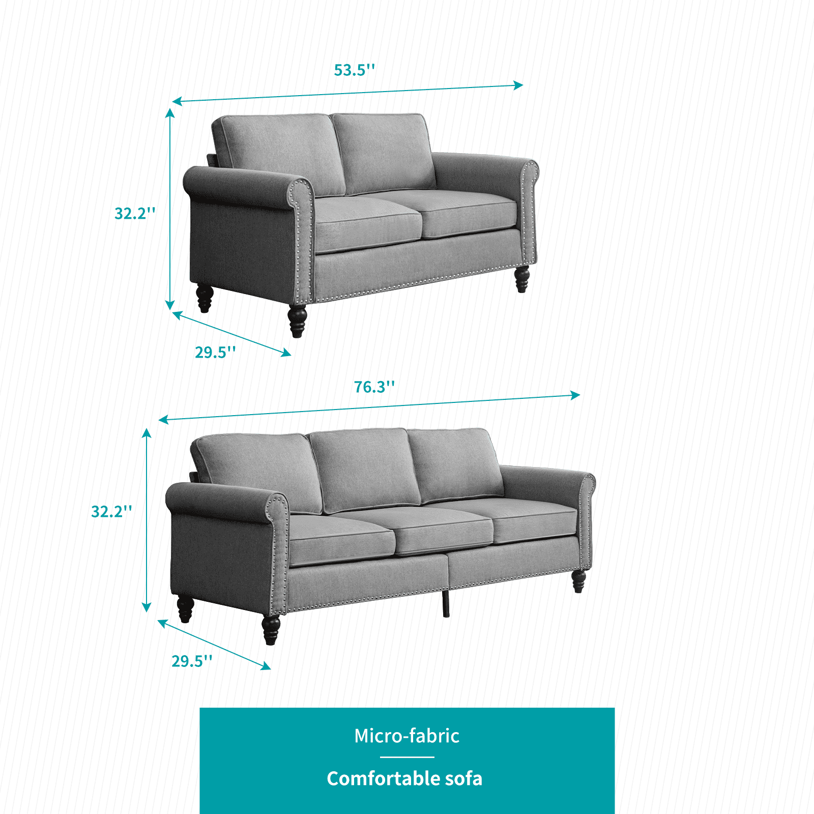 MUZZ Living Room Furniture Sets with 5.9"Upholstered Cushion, 3-Seater Sofa Couch, Loveseat and Single Sofa Chair, Sofa Set for Living Room(Light Grey)