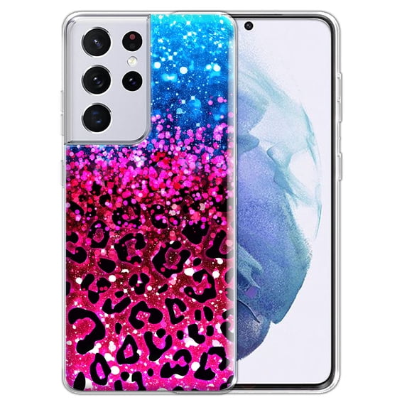 FINCIBO Soft TPU Clear Case Slim Protective Cover for Samsung Galaxy S21 Ultra 6.8" 2021 (NOT FIT Samsung Galaxy S21 6.2"/S21+ Plus 6.7" 2021), Blue Glitter Sparkle With Black Pink Glitter Leopard