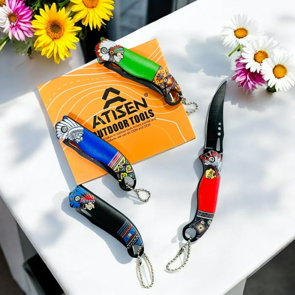 4 PCS 6.1-Inch Ethnic Graphic Stacking Pocket Knife Set – Men's Folding Knives with Scabbard for Outdoor, Camping, Fishing, Hiking – Perfect Christmas & Halloween Gifts for Husband, Boyfriend, EDC