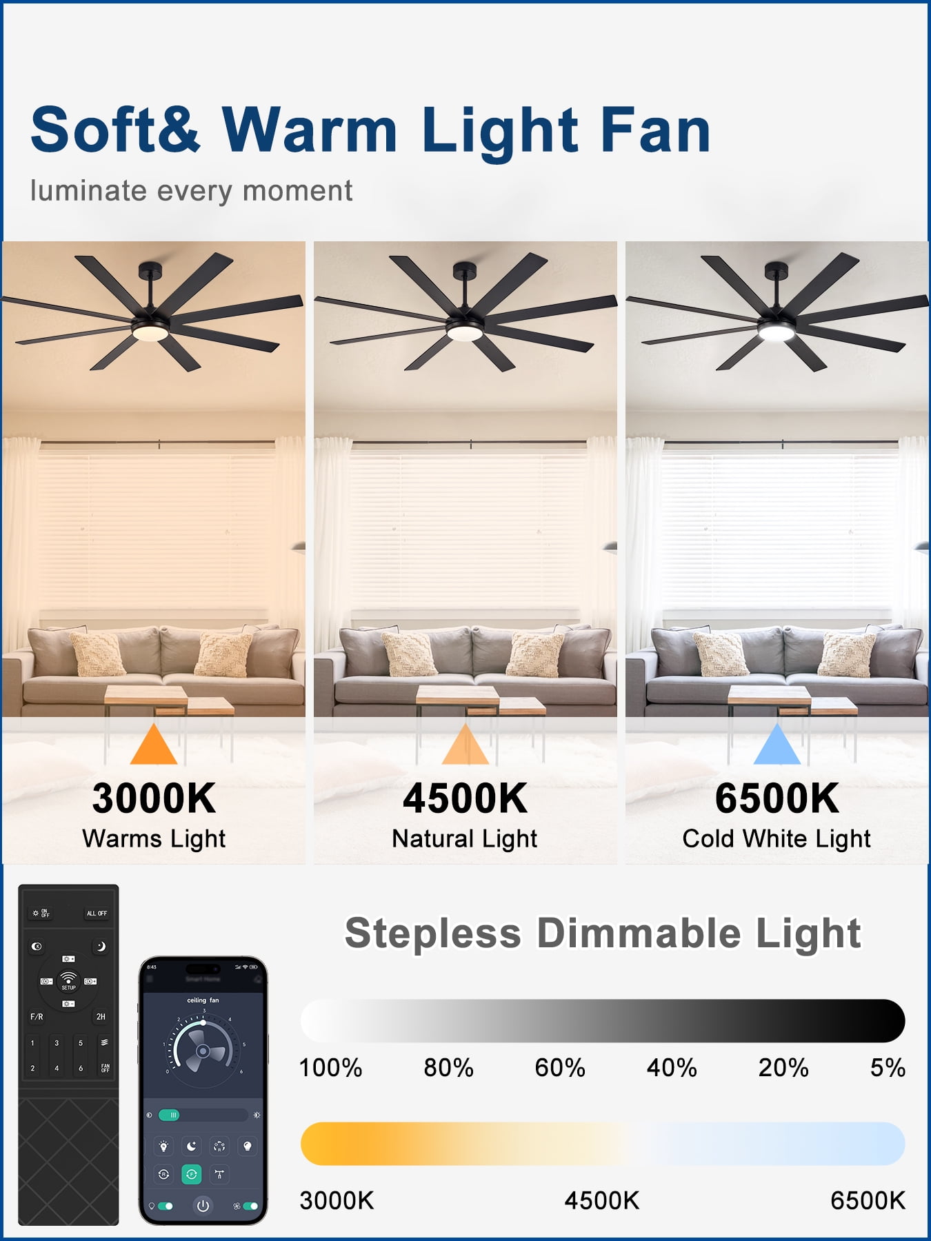 Depuley 72-Inch Indoor/Outdoor Ceiling Fan with Light - 8-Blade in Black Walnut, Remote & App Control, Dimmable 3CCT LED, Quiet DC Motor​