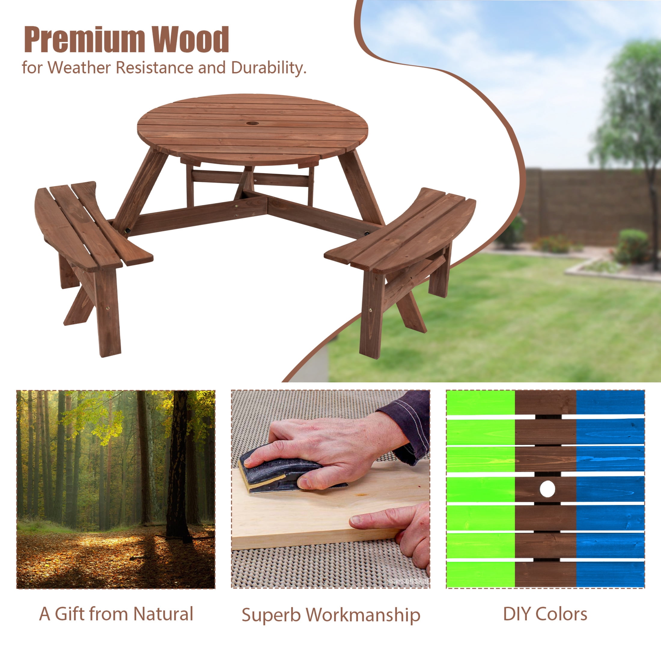 Noble House Isolde 6-Seat Circular Picnic Table with Built-in Benches and Umbrella Hole, Outdoor Fir Wood Set, Brown