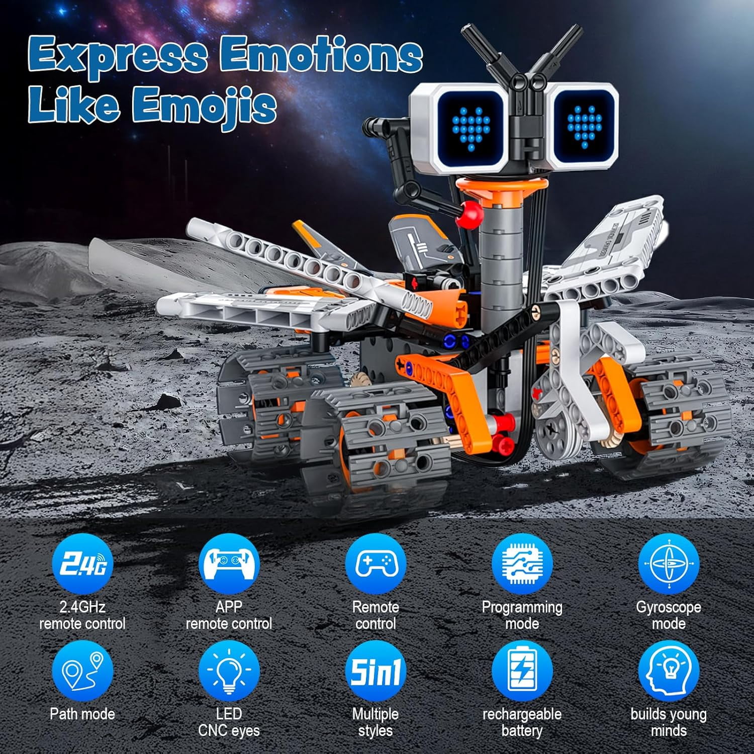 Ylutex Robot Building Block Set, 5-in-1 STEM RC Robot Building Set with App & Remote Control, Rechargeable Building Blocks Coding Robot Toy with LED Lights