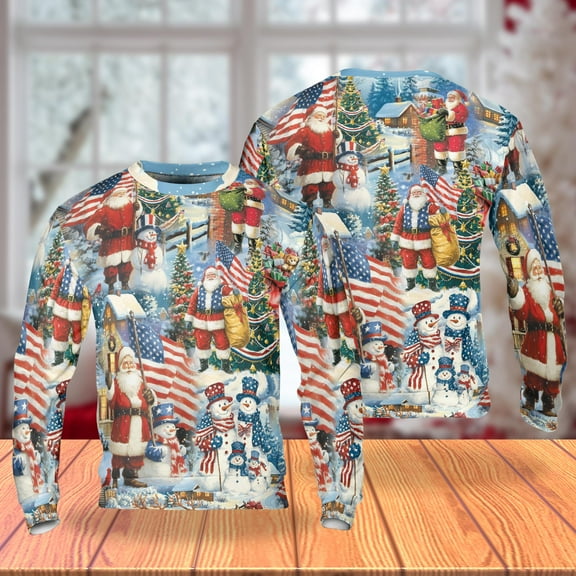 Patriotic Santa Christmas Sweatshirt, American Flag and Snowman Holiday Crewneck, Red White Blue Winter Pullover for Men Women