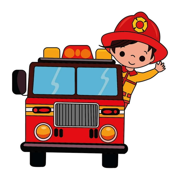Firetruck with Fireman Chibi Cute Artwork Design for Nursery Room Vinyl Wall Decal - Cartoon Artof a Truck for fighting Fires for Kid's Bedroom Wall Decoration - 28" x 22"