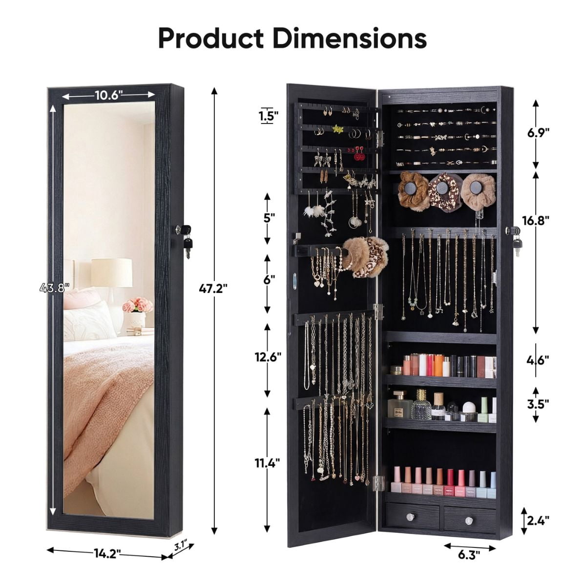 Jewelry Armoire with 6 LEDs Mirror, Mirror with Storage, Lockable Jewelry Storage for Wall or Door Mounted, Black