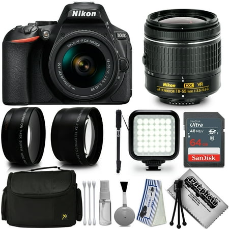 Nikon D5600 Digital SLR Camera Black with AF-P 18-55mm + 64 GB + Video Ligth + Monopod + Starter Accessories Bundle