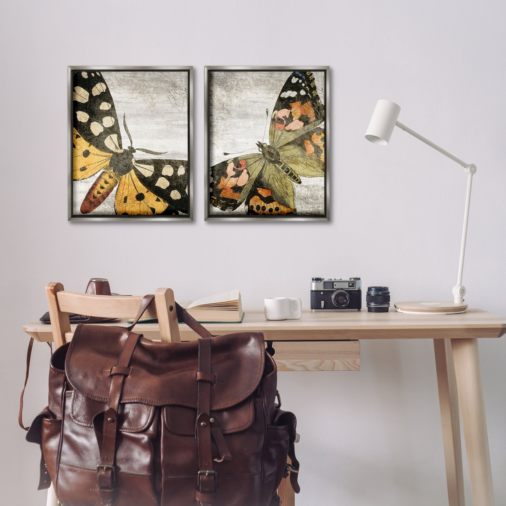 Stupell Industries Vintage Spotted butterflies Animals Painting Gray Floater Framed Canvas Art Print Wall Art, 17 x 21, Set of 2