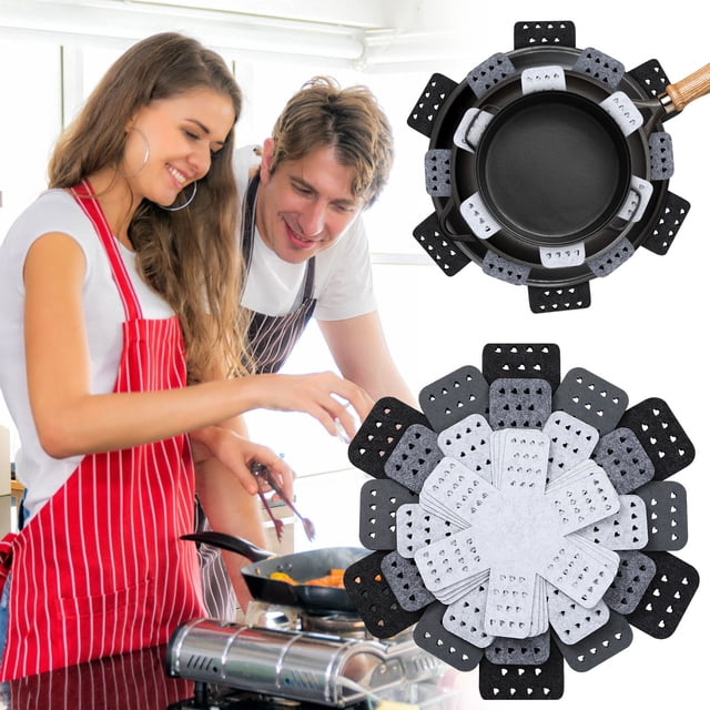 Clearance! JMYHOAM Kitchen Essentials Pot and Pan Protectors, 12-piece set in four different sizes, ideal for stacking pots and pans to avoid scratching cookware. Features black, grey, and white perforated protectors, suitable for kitchen organization and cookware dividers, shown in a kitchen environment.