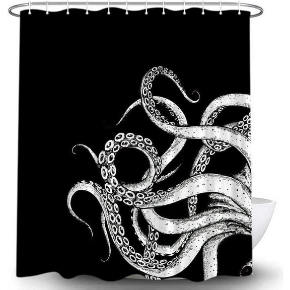 Octopus Decor Shower Curtain for Bathroom, Funny Black and White Sea Monster Kraken Animal Goth Fabric Shower Curtains Set, Unique Novelty Nautical Gothic Restroom Accessories with Hooks 60X72
