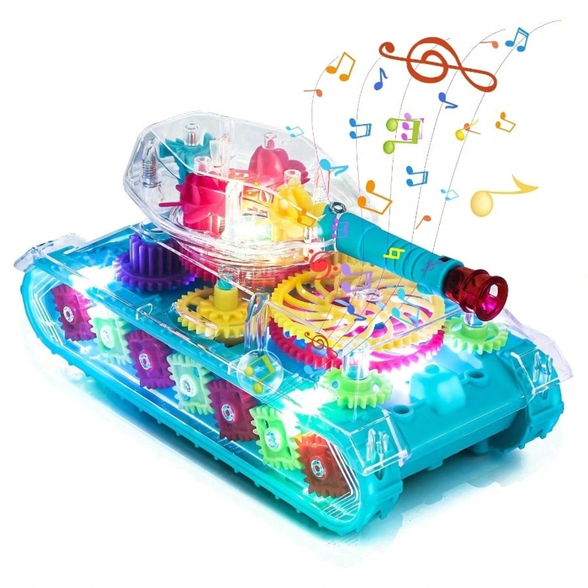 Light Up Transparent Gear Tank Walker for Kids - Armored Car with Moving Gears & Music, Educational Baby Push Toy for Newborn & Toddler Boys Girls