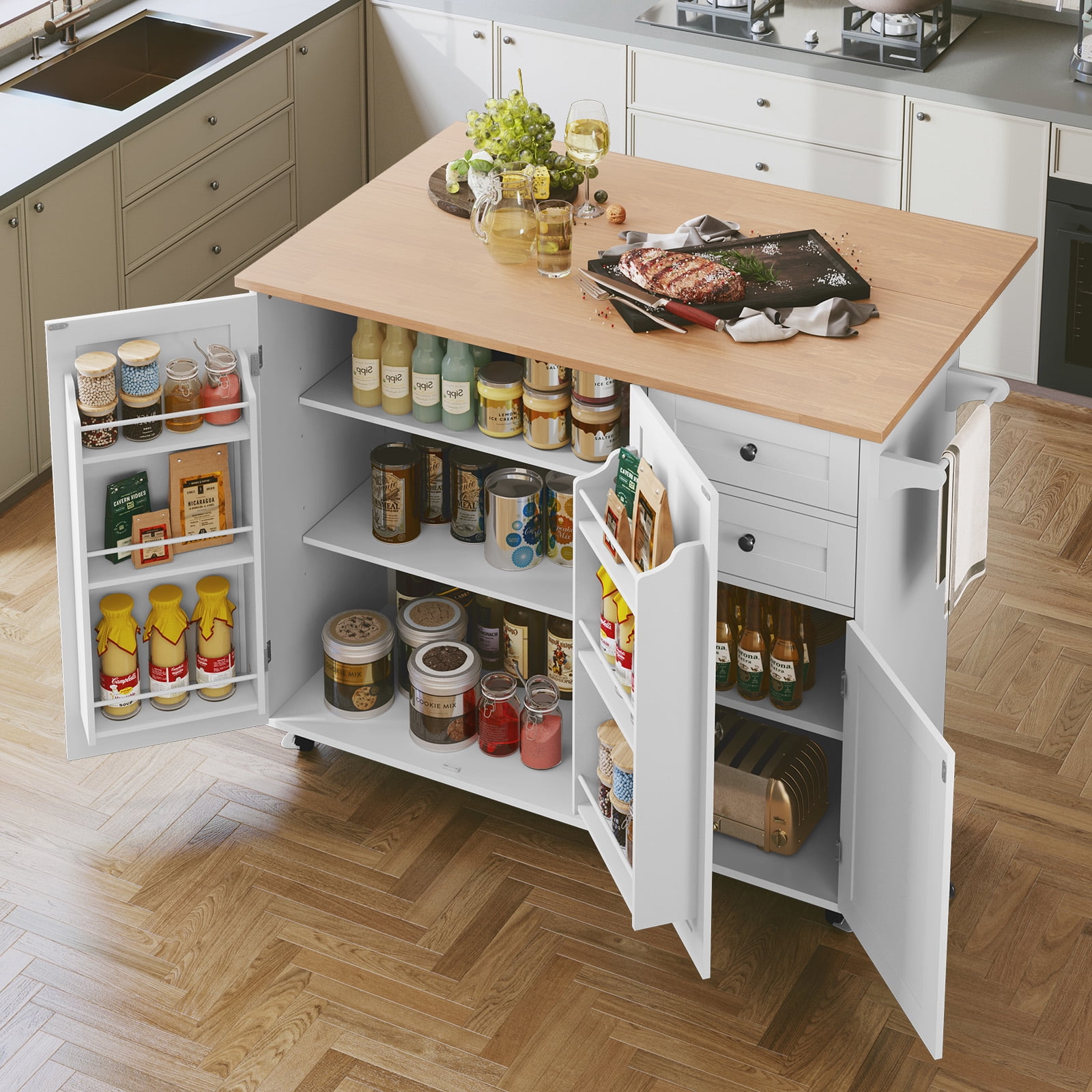 CBJCBJ 50.4" Kitchen Island with Storage, Wood Top Cart with Drop Leaf and Wheels, White