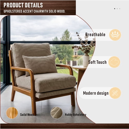 Wooden Lounge Chair with Solid Wood Armrests, Mid-Century Modern Single Sofa for Living Room, Bedroom, Balcony, Office, Camel