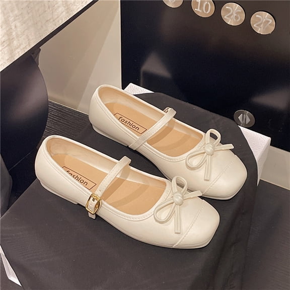 Feminine Casual Footwear, Women's Bow Accent Mary Jane Flats Comfortable Strap Ballet Shoes with Flexible Walking Sole and Dressy Casual Flat Sole Shoes Dress Shoes Feminine Ballet Flats, White